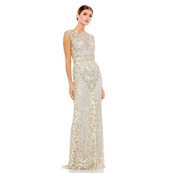 Mac Duggal Fringe Sleeve Embellished Dress Platinum Gold Size 10 NWT